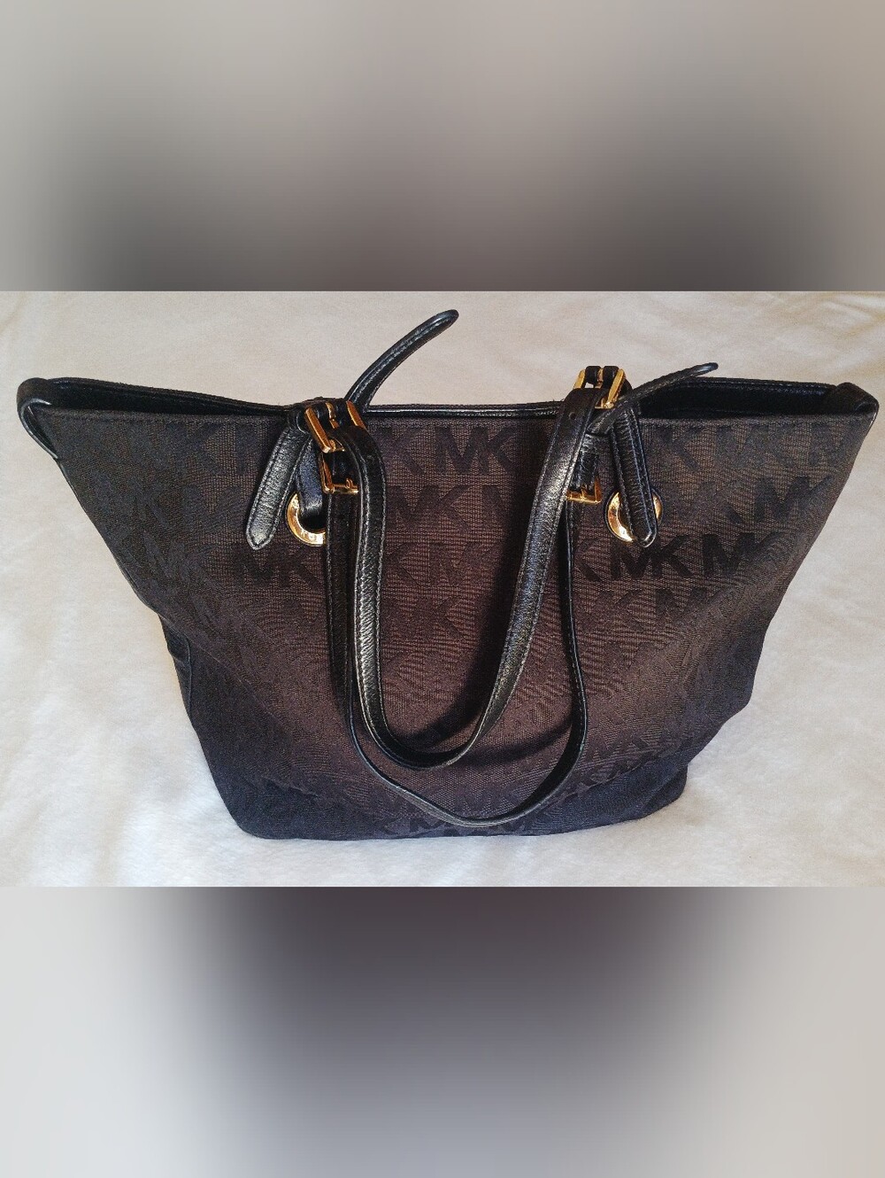 Michael Kors Black on Black MK Monogram Canvas & Leather Tote with Gold Hardware
